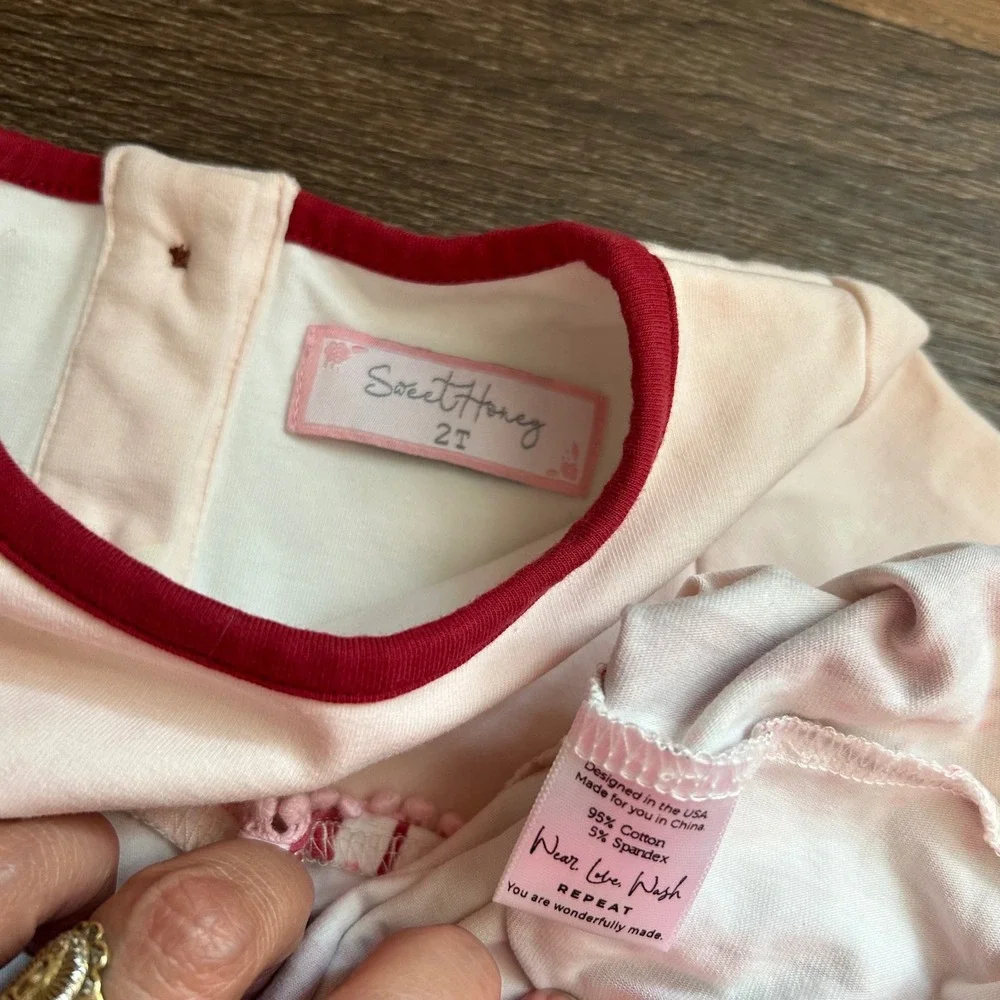 Sweet Honey Girls Pink Red Striped Heart Pom Pom Trim Bodysuit Dress 2T